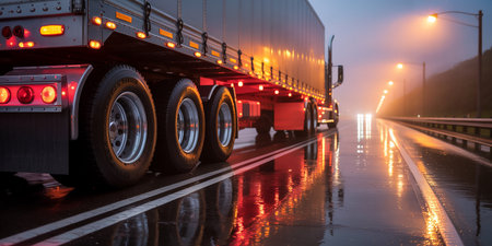 Truck on the road at night. Cargo transportation and logistics concept.の素材