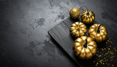 Halloween background with golden pumpkins on black background top view.の素材