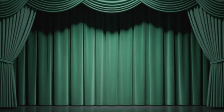 Green theater curtain with spotlights. 3d rendering, 3d illustrationの素材