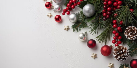 Christmas background. Festive decoration on white wooden background. Flat lay, top view, copy space.の素材