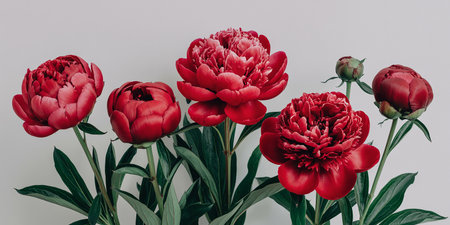 Beautiful red peony flowers on white background, vintage toningの素材