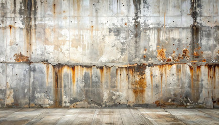 old grunge background with rusty metal wall and wooden floor, industrial backgroundの素材