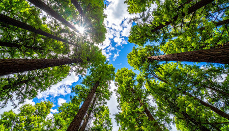 Looking up to the sky through tall trees in a green forest.の素材