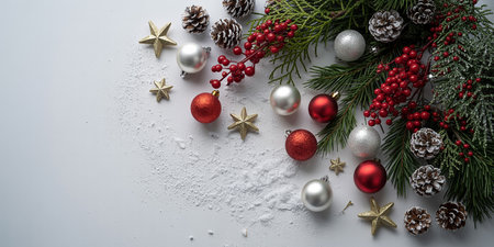 Christmas background. Festive decoration on white wooden background. New Year concept. Flat lay, top view, copy space.の素材