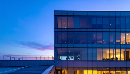 Modern office building in the evening. Architectural details of modern building.の素材