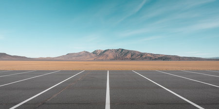 Empty asphalt road in the middle of the desert with mountains in the backgroundの素材