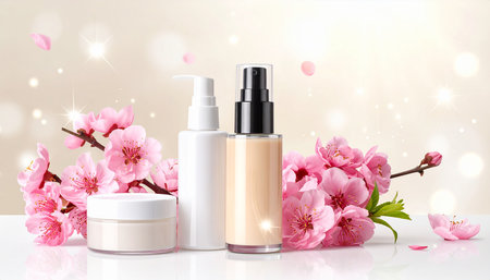 cosmetic bottle containers with spring blossom background, beauty treatment and spa conceptの素材