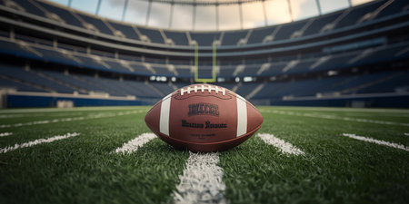 3D rendering of a american football ball with a stadium backgroundの素材