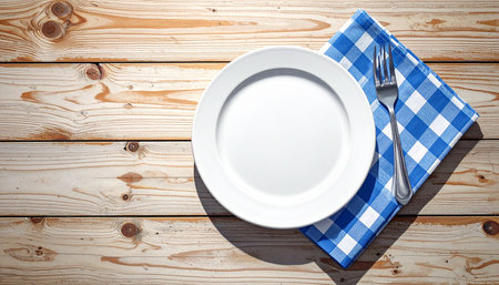 Empty plate with fork and knife on blue checkered tableclothの素材