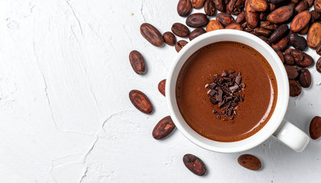 Cup of hot chocolate with cocoa beans on white background, top viewの素材