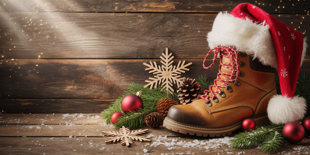 Christmas decoration with boots and christmas ornaments on wooden backgroundの素材