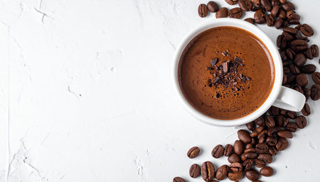 Cup of hot chocolate with coffee beans on white background, copy spaceの素材