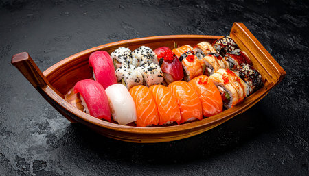 Sushi set in a wooden plate on a black background, top viewの素材