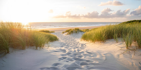 Dunes on the North Sea coast at sunset in summer, Netherlandsの素材