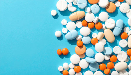 Colorful pills on blue background with copy space. Top view.の素材