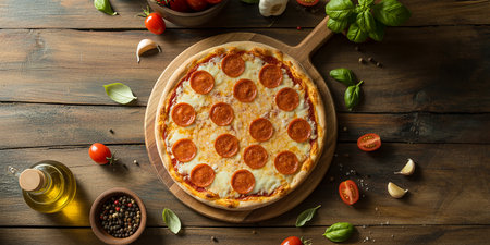 Pizza with pepperoni and mozzarella cheese on wooden backgroundの素材