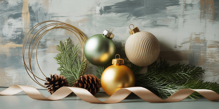 Christmas ornaments on a gray background. 3d rendering.の素材