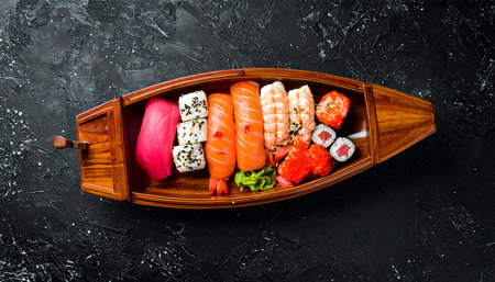 Sushi set in a wooden boat on a black background, top viewの素材