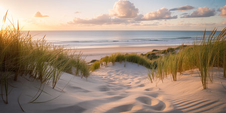 Sunset over sand dunes on the North Sea coast of Germanyの素材
