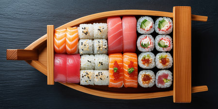Sushi set in a wooden tray on a black background. Top viewの素材