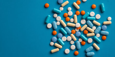 Pills and capsules on blue background. Top view with copy spaceの素材