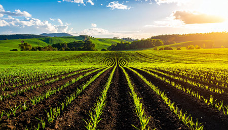Sunset over corn field in Tuscany, Italy. Agricultural landscapeの素材