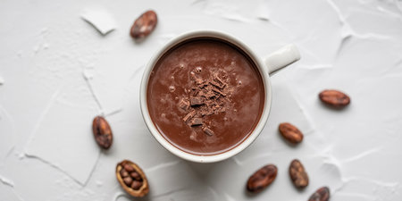 Cup of hot chocolate with cocoa beans on white background, top viewの素材