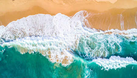 Aerial view of beautiful beach with turquoise water and white sandの素材