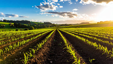 Agricultural field with rows of young corn plants at sunset.の素材