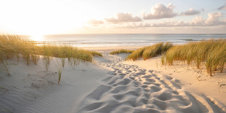 Sand dunes on the North Sea coast in Netherlands at sunset.の素材