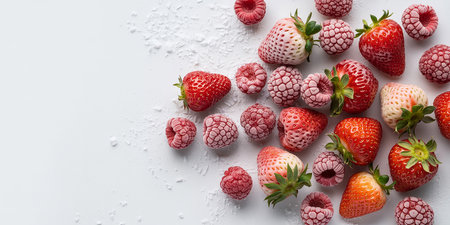 Fresh strawberries and raspberries on a white background, top viewの素材