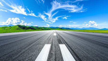 Asphalt road and green mountain nature landscape under the blue sky.の素材