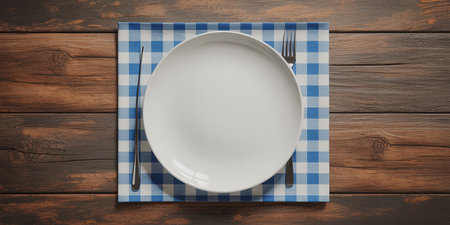 Empty plate and cutlery on checkered napkin on wooden tableの素材