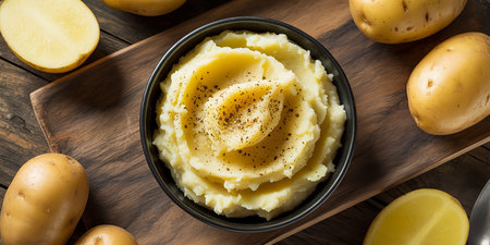 Mashed potatoes in a bowl on wooden background, top view.の素材