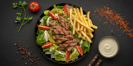 Grilled kebab with french fries and salad on black backgroundの素材