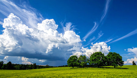 Beautiful landscape with green meadow and trees under blue sky with cloudsの素材