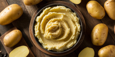 Homemade Organic Puree Potatoes on a rustic wooden backgroundの素材