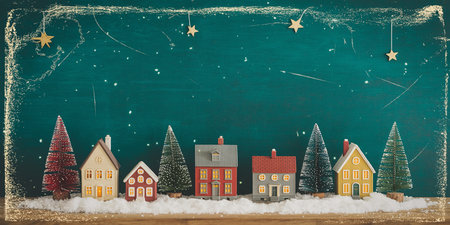 Christmas village on chalkboard background. Christmas card. Vector illustration.の素材