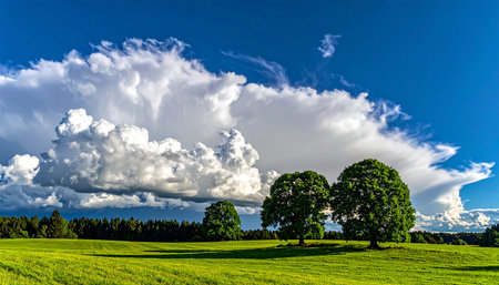 Beautiful summer landscape with trees on the meadow and cloudy skyの素材