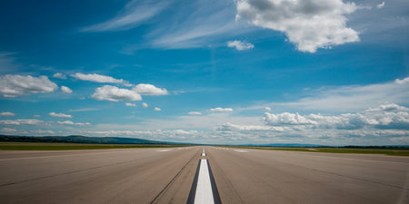 Asphalt road with blue sky and white clouds. Panoramic view.の素材
