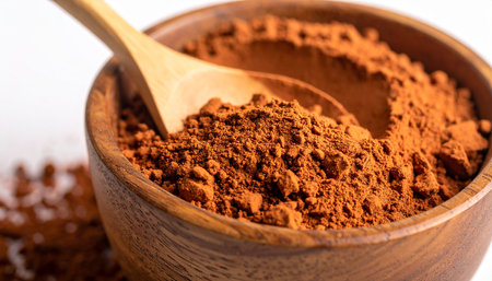 Cocoa powder in wooden bowl and spoon on white background.の素材
