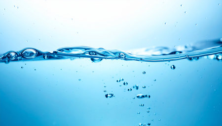 Water wave and bubbles in blue background. Close-up image.の素材