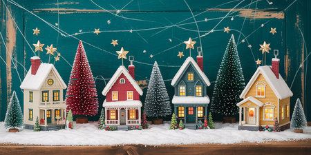 Wooden christmas background with small houses and christmas trees.の素材