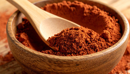 Cocoa powder in wooden bowl and spoon on wooden table.の素材