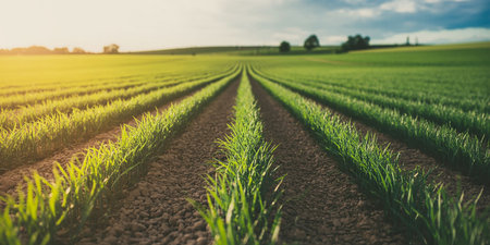 Agricultural field with rows of young green wheat sprouts.の素材
