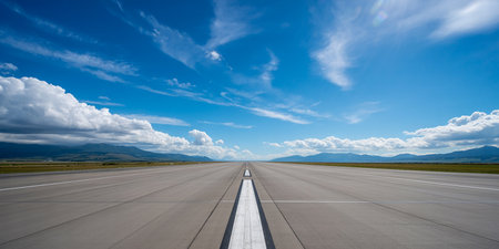 Empty airport runway and blue sky with clouds. Panoramic view.の素材