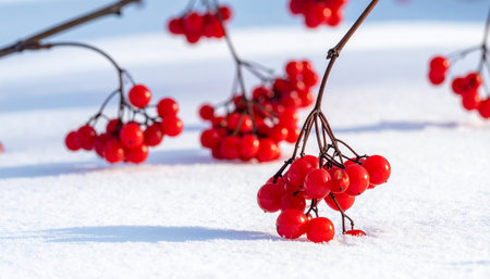 Red berries of viburnum in the snow. Winter background.の素材