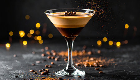 Coffee cocktail in martini glass with splashes on dark backgroundの素材