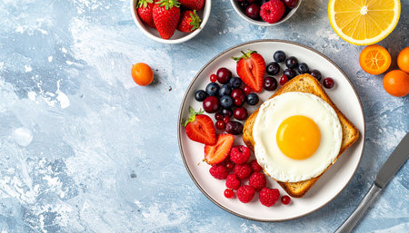 Healthy breakfast with fried egg and fresh berries on blue background, top viewの素材