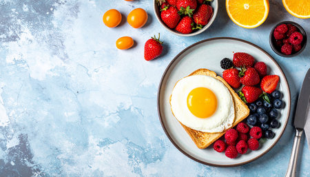 Breakfast with fried egg, berries and toasts on blue backgroundの素材